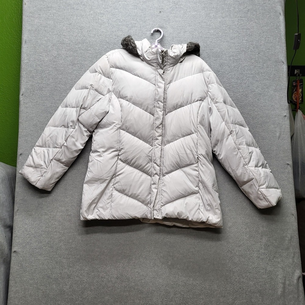 IZOD Women Jacket XL Light Gray Puffer Jacket Down Fur Trim Zipper